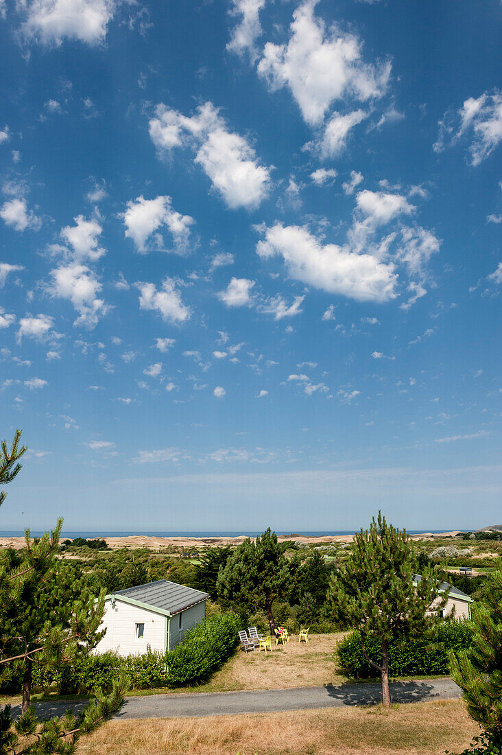 Dunes with camping site, Baubigny, Normandy, France, Europe, Atlantic Ocean