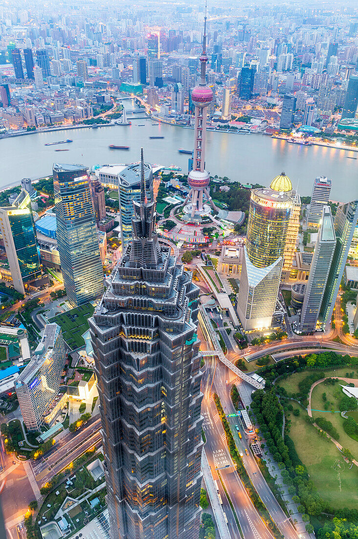 View over Pudong financial district at dusk, Shanghai, China, Asia