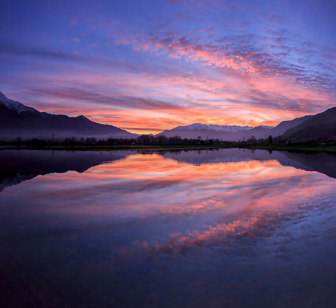 Panoramic view of Pian di Spagna flooded with snowy peaks reflected in the water at sunset, Valtellina, Lombardy, Italy, Europe