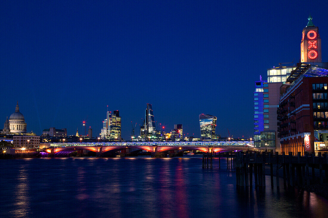 St. Paul's Cathedral, Blackfriars Bridge and River Thames at dusk, taken from South Bank, with Walkie-talkie, Cheesegrater, City of London and Oxo buildling, London, England, United Kingdom, Europe