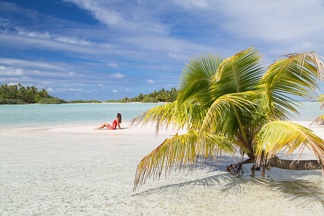 Woman on beach at Les Sables Roses Pink Sands, Tetamanu, Fakarava, Tuamotu Islands, French Polynesia, South Pacific, Pacific