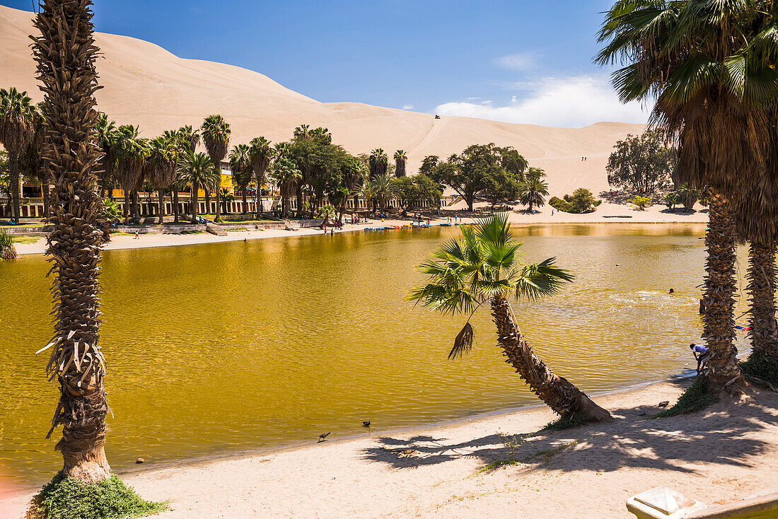 Huacachina, a sand dunes surrounded oasis village in the Ica Region of Peru, South America