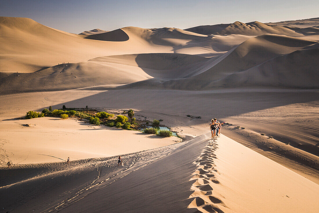 Tourists climbing sand dunes at sunset at Huacachina, a village in the desert, Ica Region, Peru, South America
