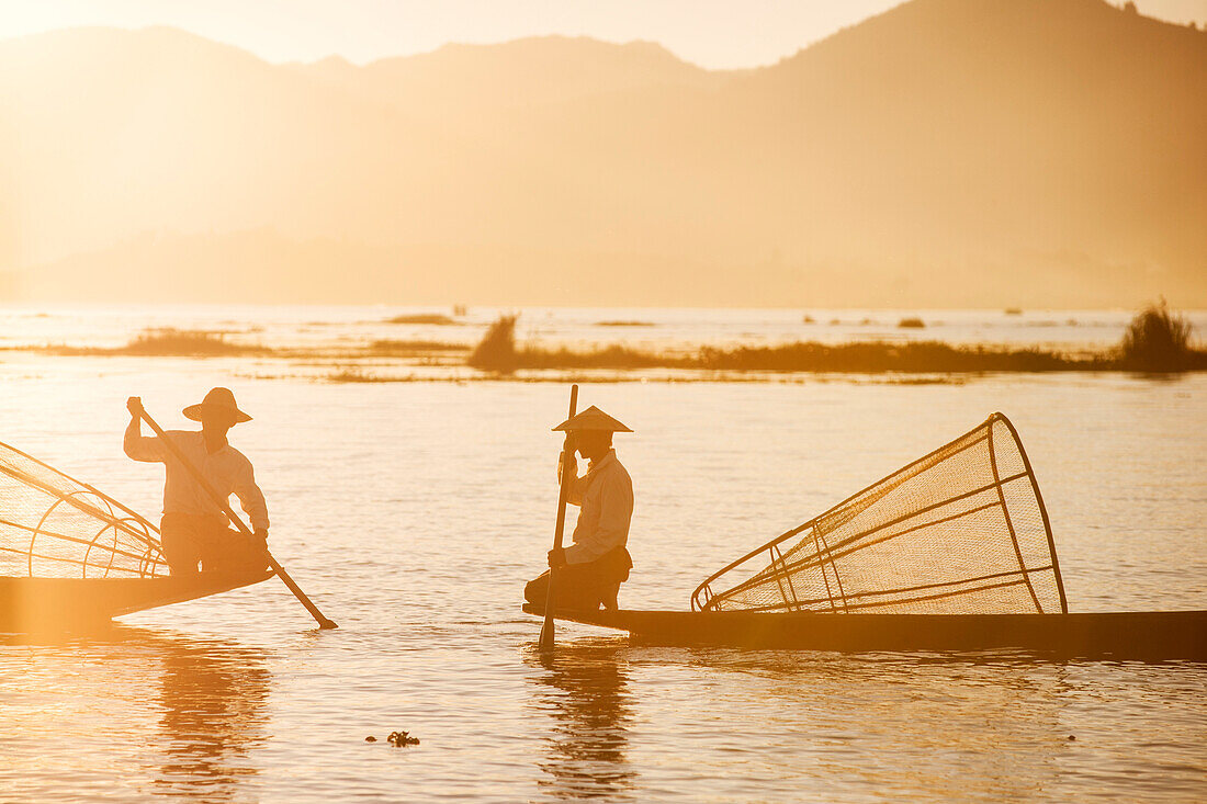 Traditional fisherman on Inle lake, Shan State, Myanmar Burma, Asia