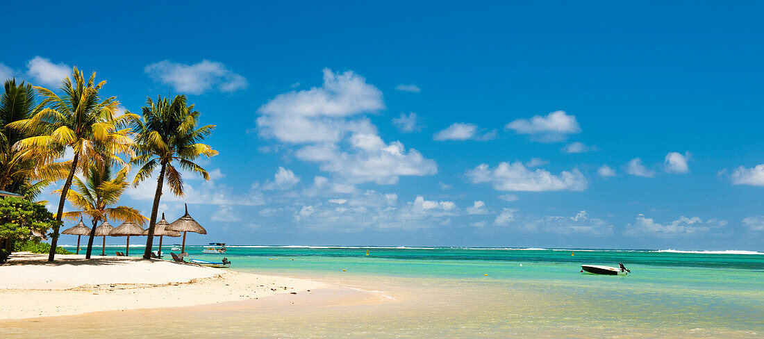 Turquoise sea and white palm fringed beach, Le Morne, Black River, Mauritius, Indian Ocean, Africa