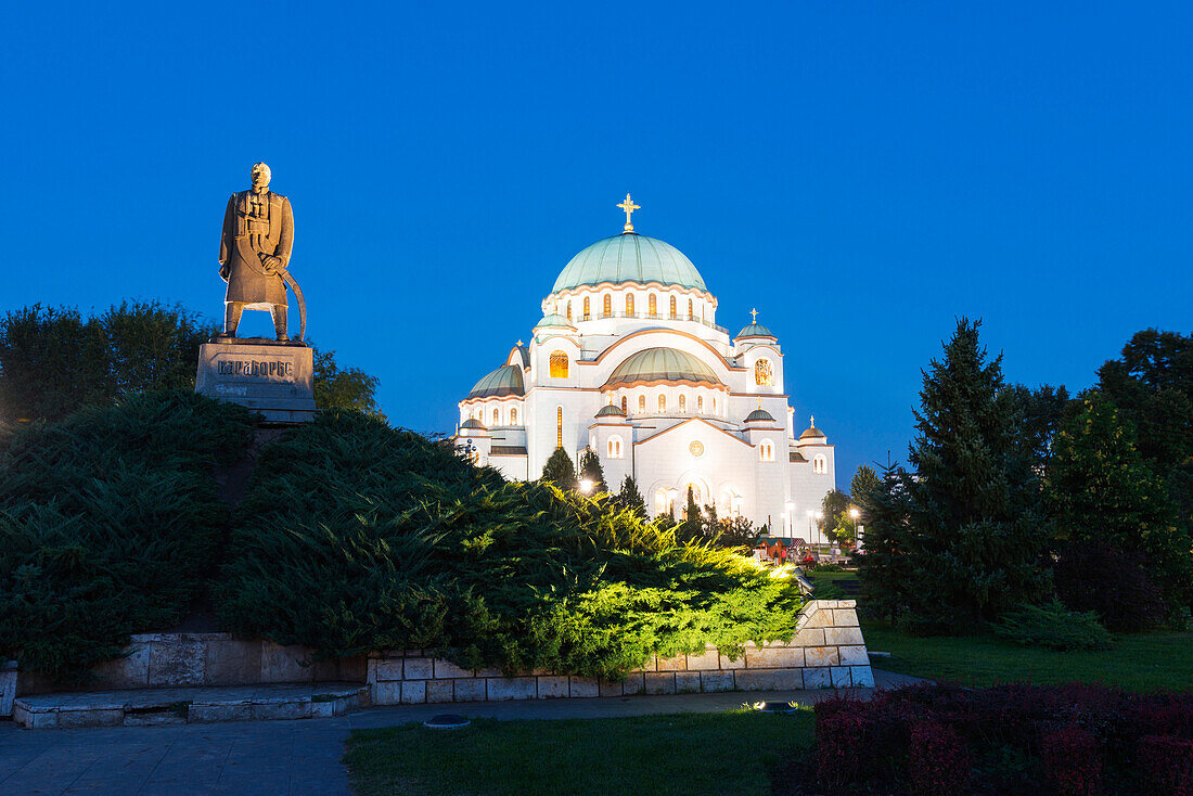 St. Sava Orthodox Church, built 1935 and Karadjordje Serbian political leader statue, Belgrade, Serbia, Europe