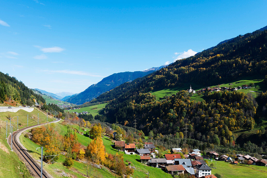 Swiss railway, autumn, Engadine, Graubunden, Switzerland, Europe