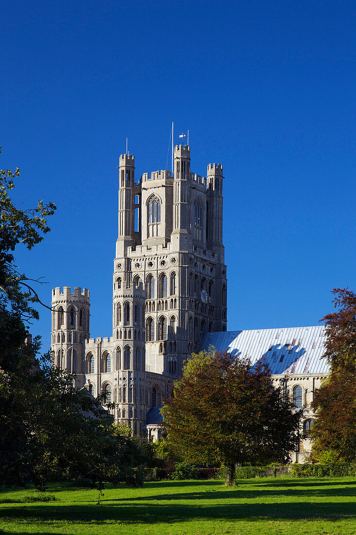 Ely Cathedral in late afternoon sunshine, Church of the Holy and Undivided Trinity, Ely, Cambridgeshire, England, United Kingdom, Europe