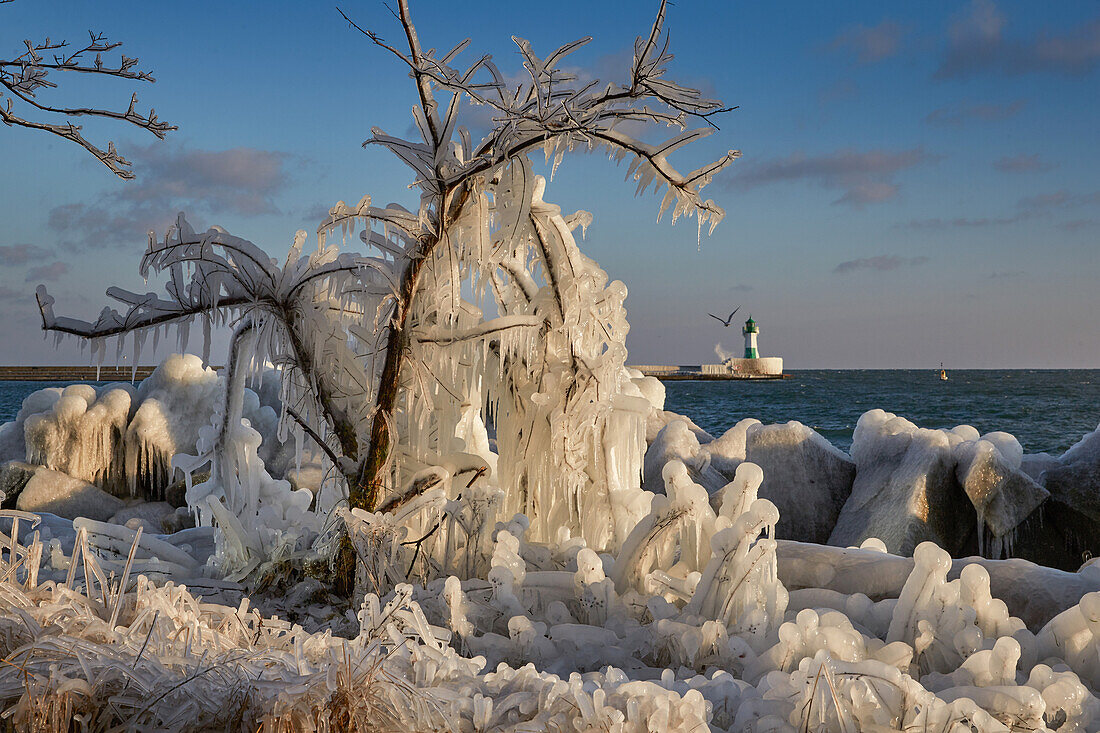 Vereistes Ufer am Leuchtturm in Saßnitz, Insel Rügen, Mecklenburg Vorpommern, Deutschland