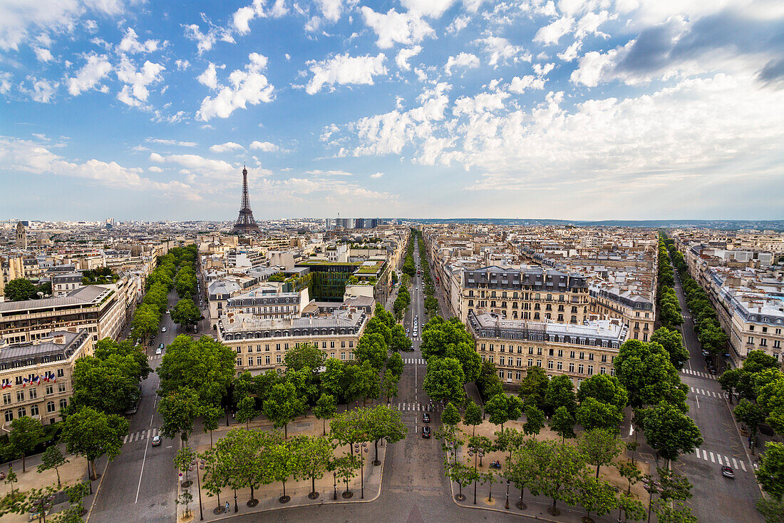 panoramic view from Arc de Triomphe on Paris, France, Europe