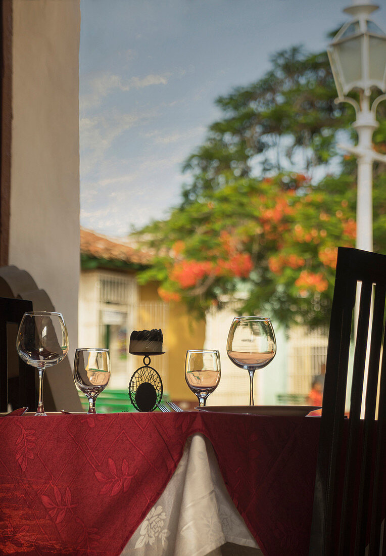 Wine glasses on restaurant table