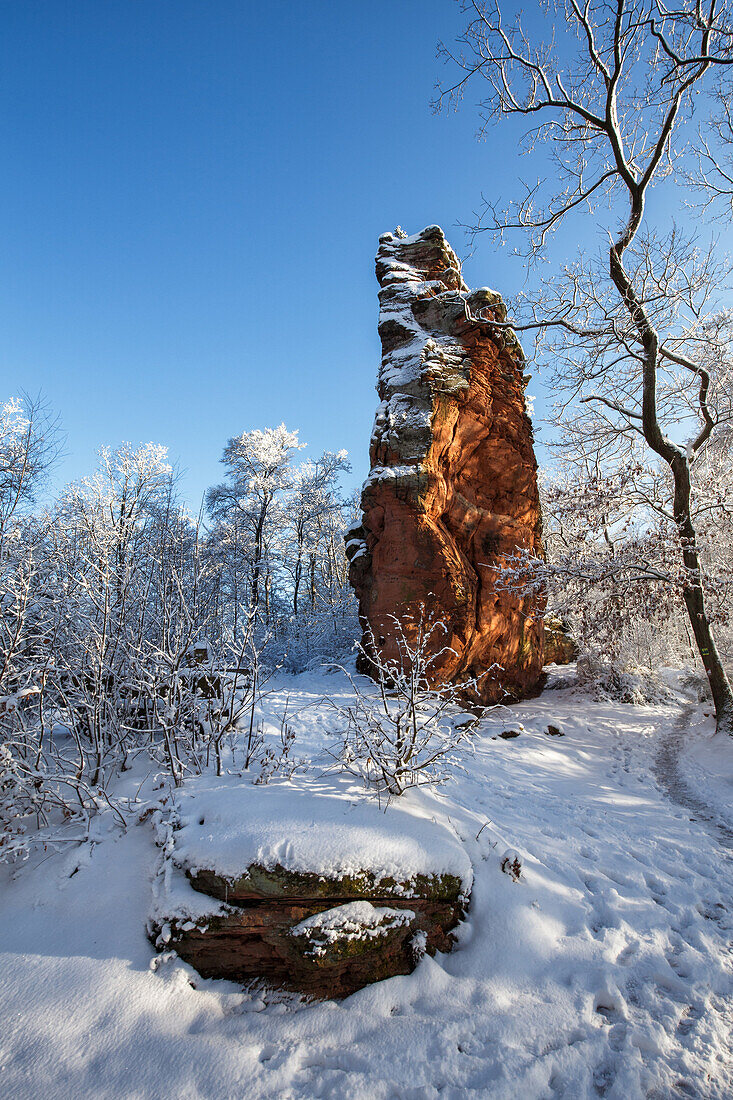 Sandsteinfelsen im Schnee bei Annweiler, Annweiler, Pfälzer Wald, Rheinland-Pfalz, Deutschland