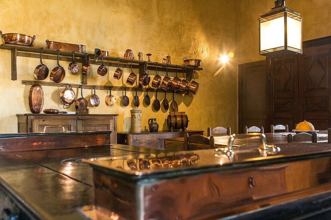 the kitchen and the collection of copper pots, george sand estate, george sand's black valley and romanticism in the berry, nohant-vic (36), france