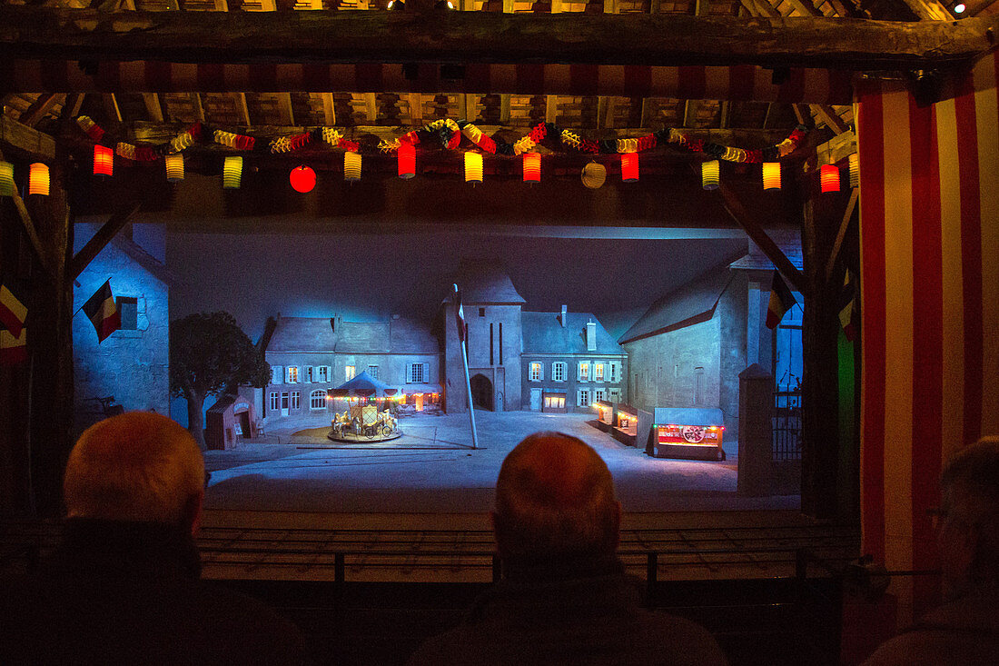 the traveling cinema of the house of the'jour de fete' in homage to the movie 'the big day' by jacques tati filmed in the village, sainte-severe-sur-indre (36), france