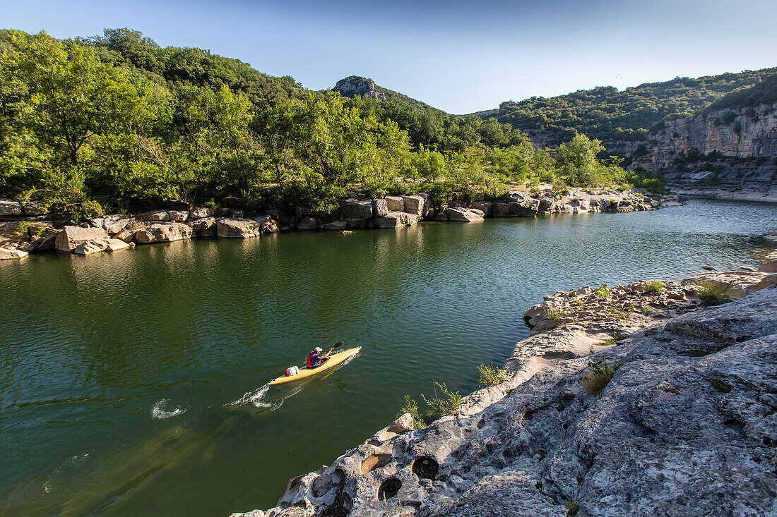 canoes on the river, gorges of the ardeche, nature reserve of the gorges of the ardeche, ardeche (07), france