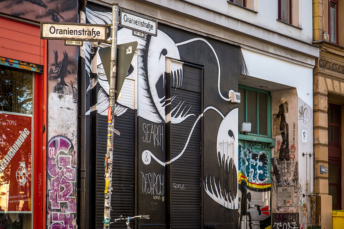 graffiti on a facade on oranienstrasse, kreuzberg quarter, berlin, germany