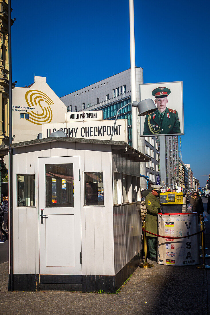 checkpoint charlie marked the boundary between east and west berlin, symbol of the cold war which ended with the fall of the berlin wall in 1989, berlin, germany