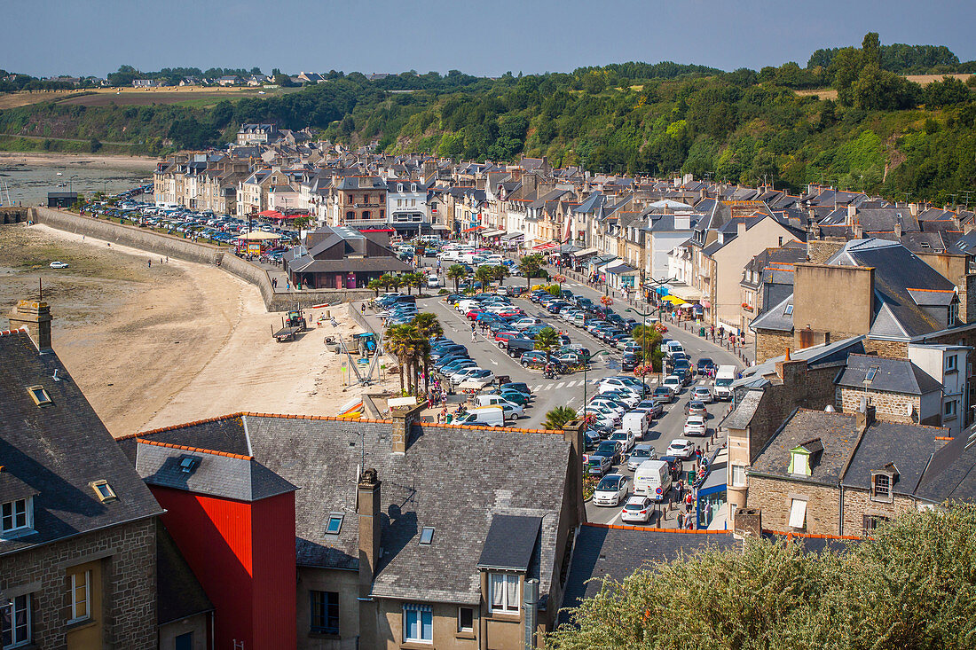 general view of the cancale port at low tide, (35) ille et vilaine, brittany, france