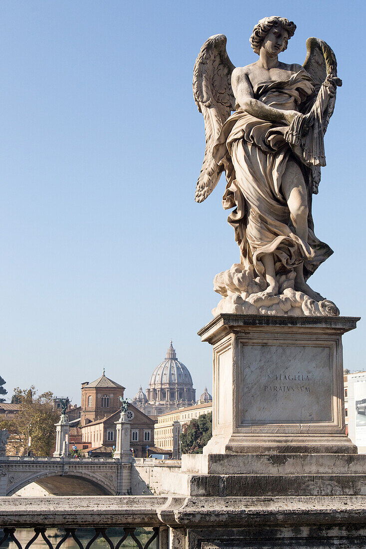 sant'angelo bridge over the tiber, across from castel sant'angelo, and the dome of saint peter's basilica, statue, bridge, rome, italy, europe