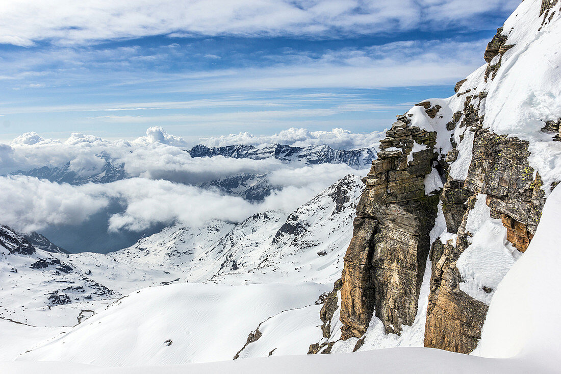 snow-covered italian alps seen from the montcorve pass, gran paradiso mountain, montcorve glacier, vittorio-emanuele ii refuge, valsavarenche, val d'aoste, italy