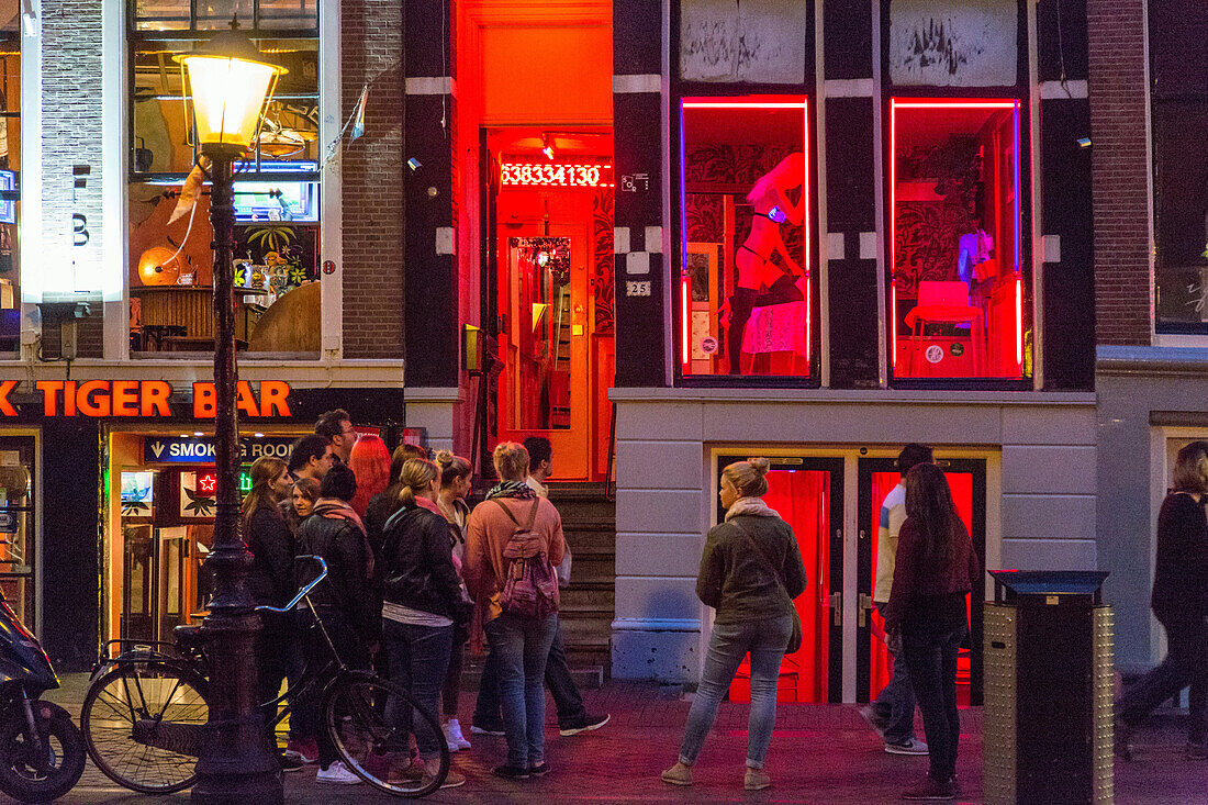 red light district (prostitution and sex shops), oudezijds achterburgwal canal, amsterdam, holland