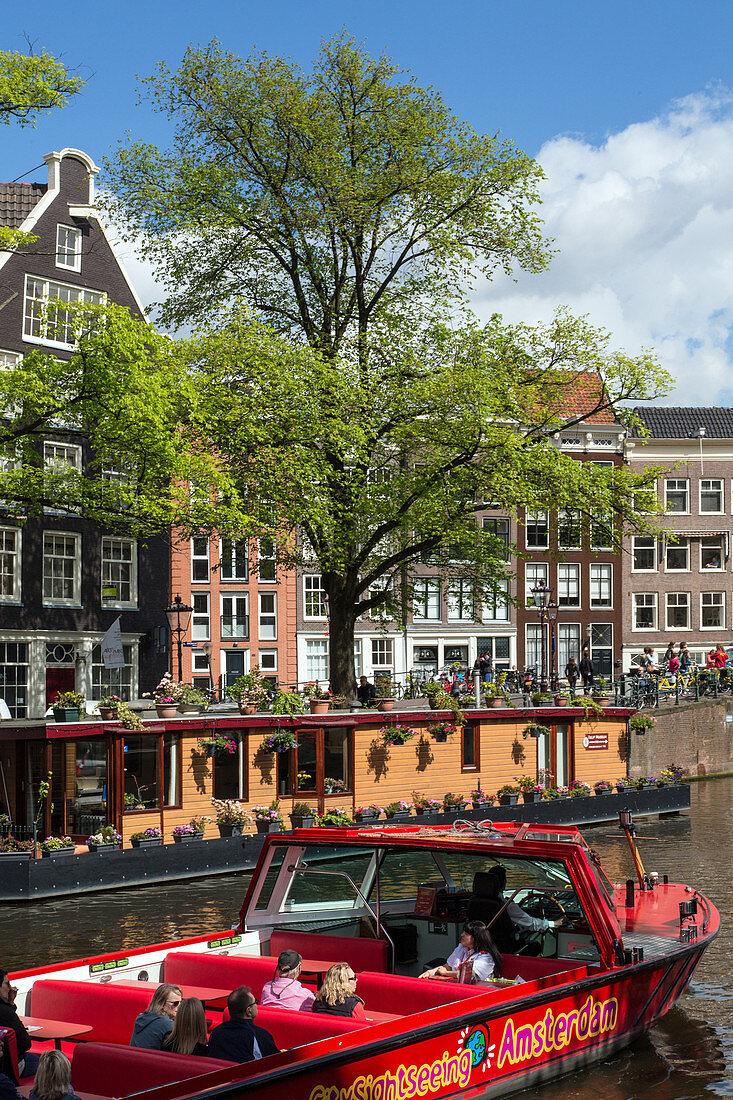 characteristic scene around the princengracht canal (houseboats and typical buildings), amsterdam, holland