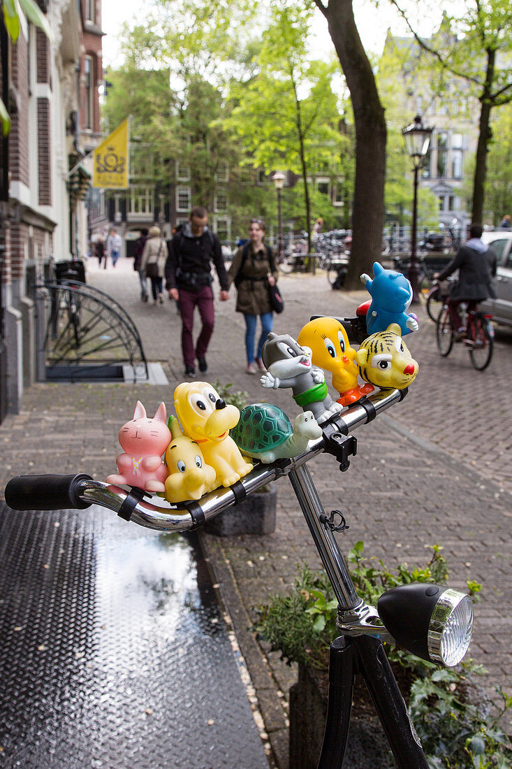 bicycle customized with plastic bathtub toys, amsterdam, holland