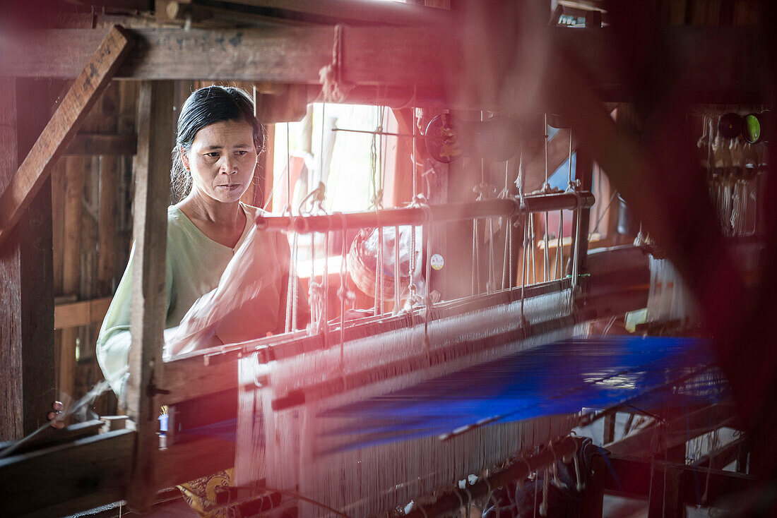 Weaving on a loom, Inle Lake, Shan State, Myanmar Burma, Asia