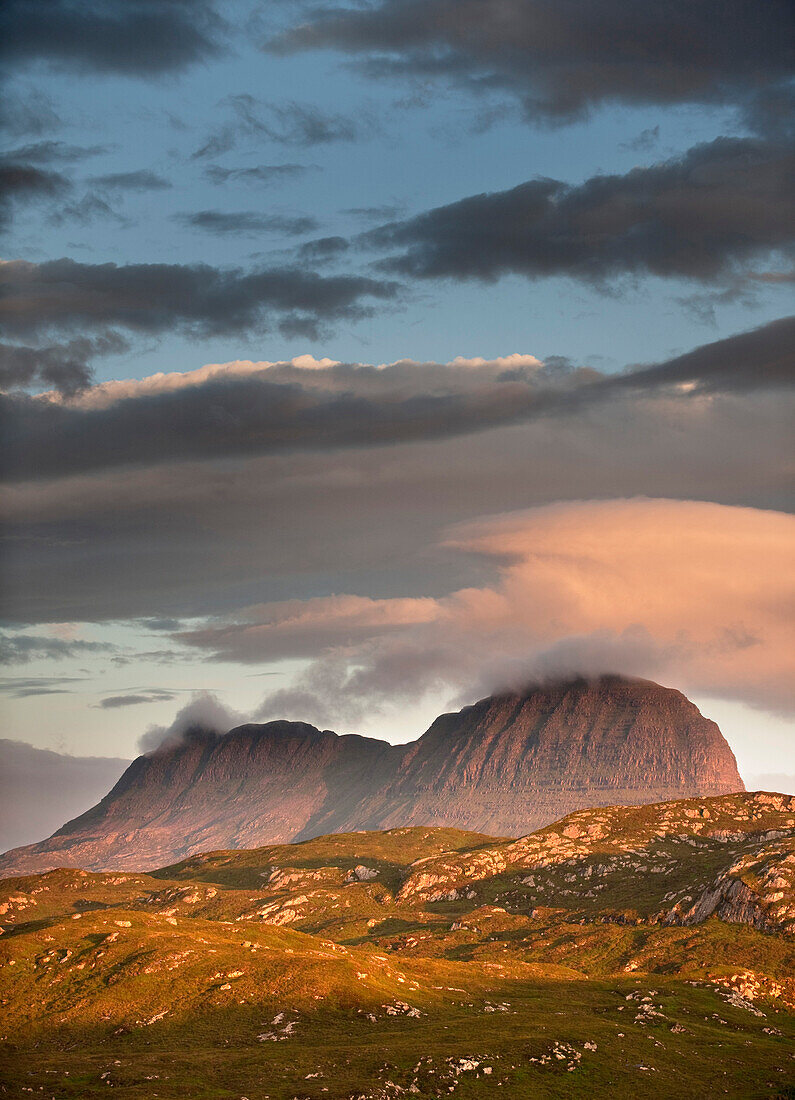 The distinct shape of Stac Pollaidh mountain in Assynt, Sutherland in the Highlands of Scotland, United Kingom, Europe