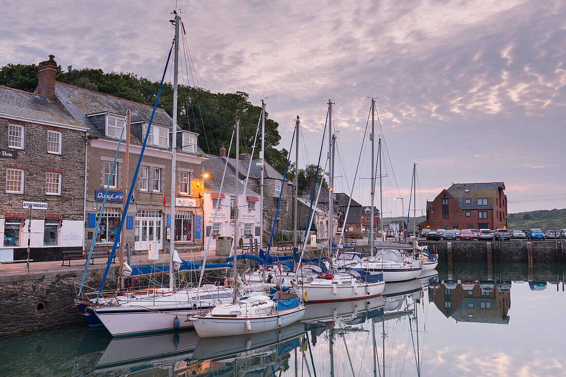 Yachts moored in Padstow harbour at dawn, Padstow, North Cornwall, England, United Kingdom, Europe