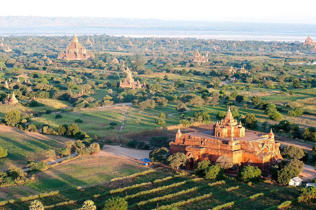 Early morning sunshine over the terracotta temples of Bagan, the Irrawaddy river in the distance, Bagan Pagan, Mandalay Division, Myanmar Burma, Asia