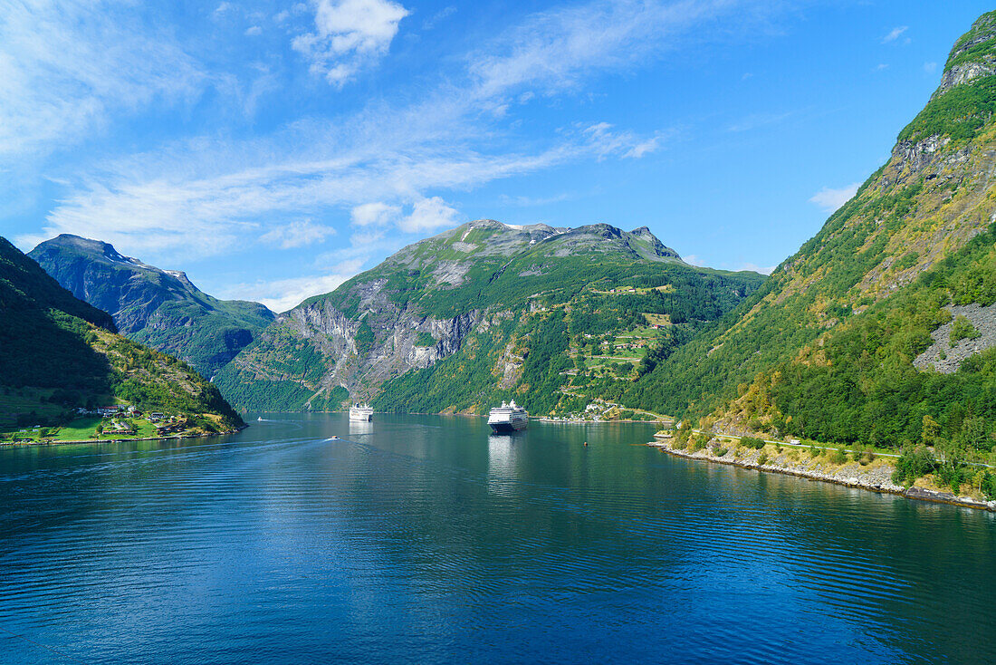 Cruiseships moored at the head of Geirangerfjord by the village of Geiranger, UNESCO World Heritage Site, Norway, Scandinavia, Europe