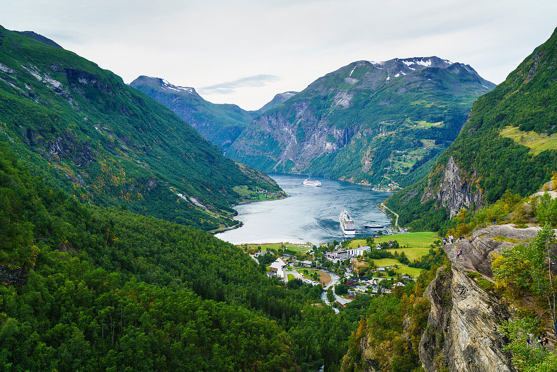 High view of Geiranger and Geirangerfjord, UNESCO World Heritage Site, Norway, Scandinavia, Europe