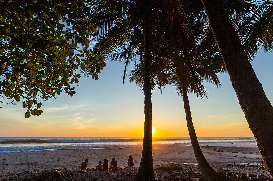 People by palm trees at sunset on Playa Hermosa beach, far south of the Nicoya Peninsula, Santa Teresa, Puntarenas, Costa Rica, Central America