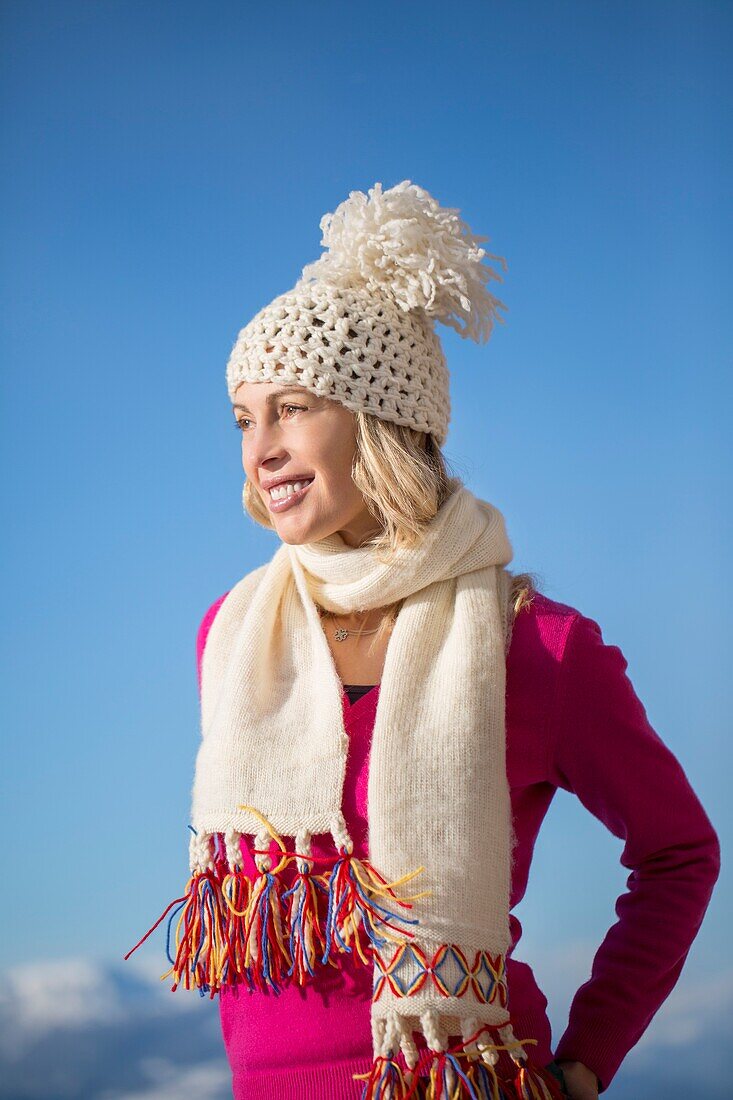 Beautiful woman smiling, Crans-Montana, Swiss Alps, Switzerland