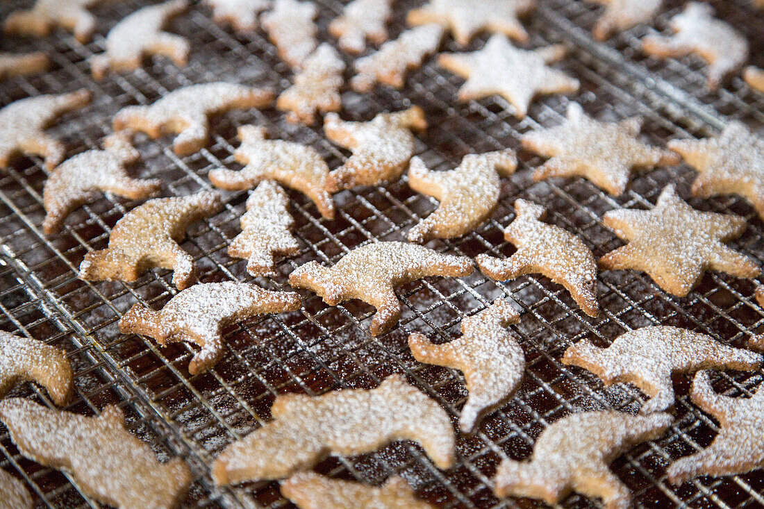 Cookies sprinkled with powdered sugar on cooling rack