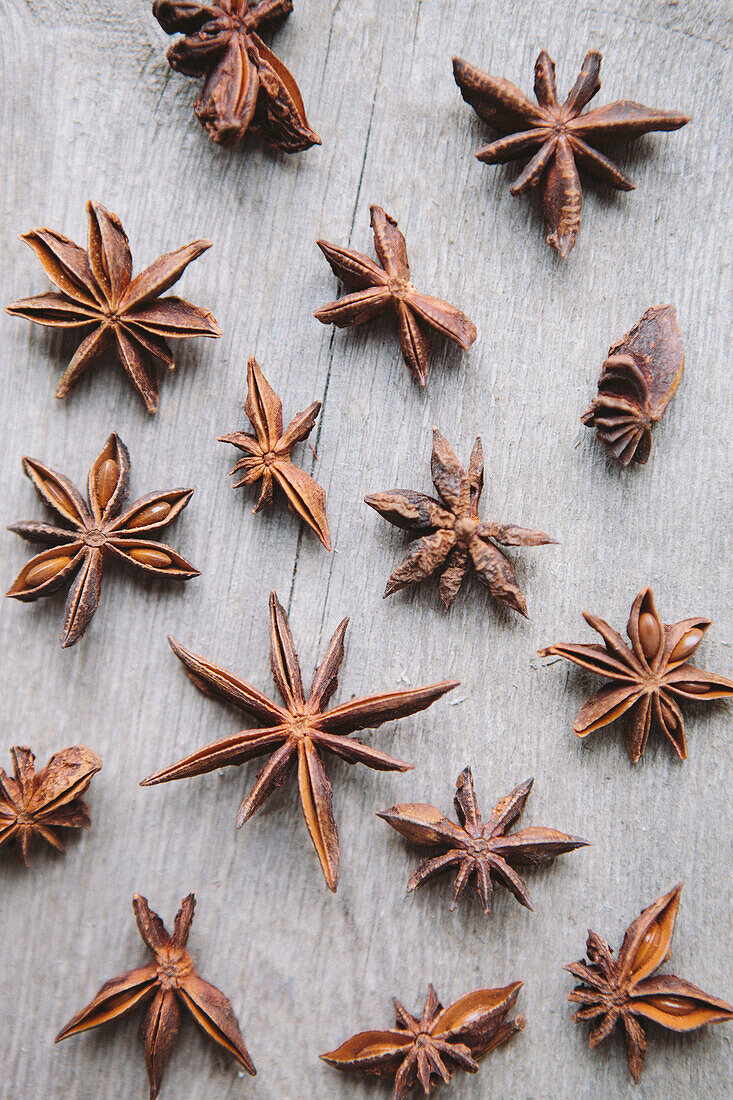 High angle view of star anise on wooden table
