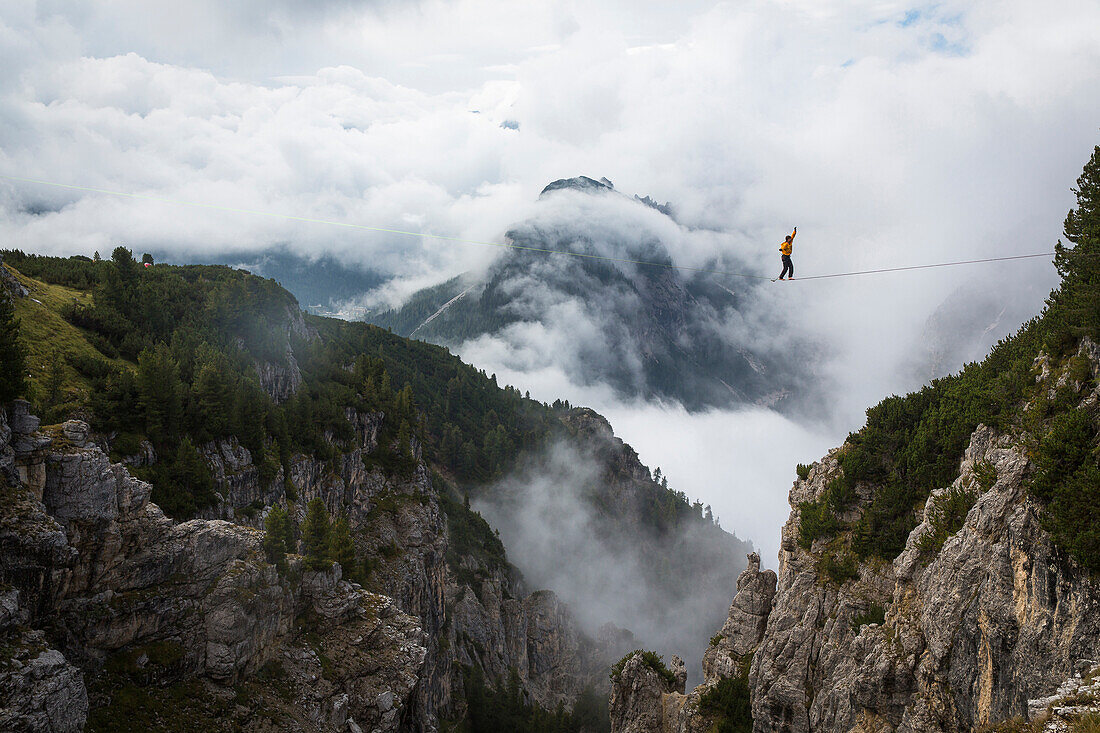 Highliner in the Italian dolomites at Monte Piana, Italy.