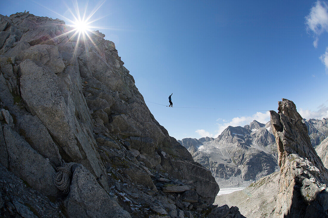 Alpine Highline Project in the Swiss Alps above the Monte Forno glacier.