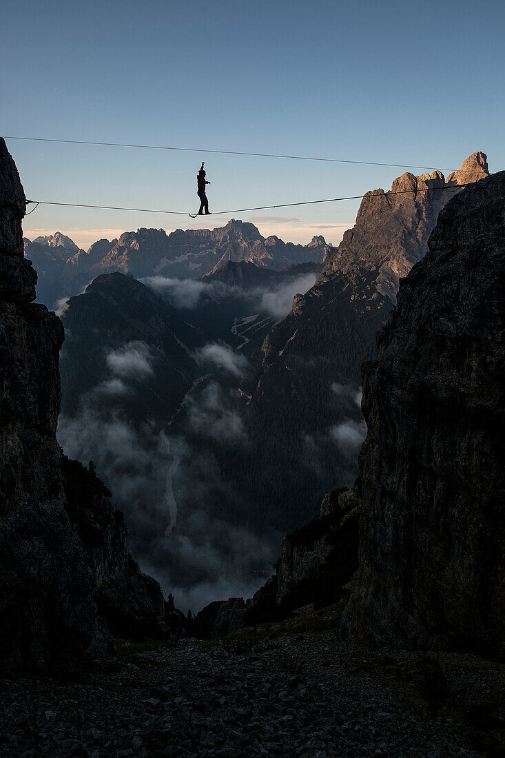 Highliner in the Italian dolomites at Monte Piana, Italy.