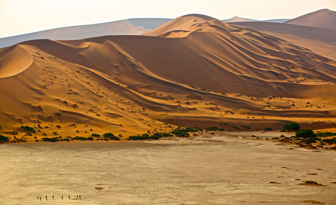 Tourists cross the salt pan below the red dunes of Sossusvlei, Namibia