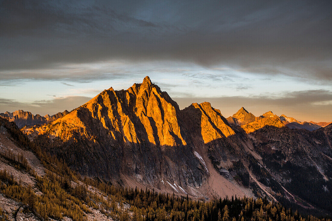 The Pasayten Wilderness and the North Cascades of Washington at sunset.