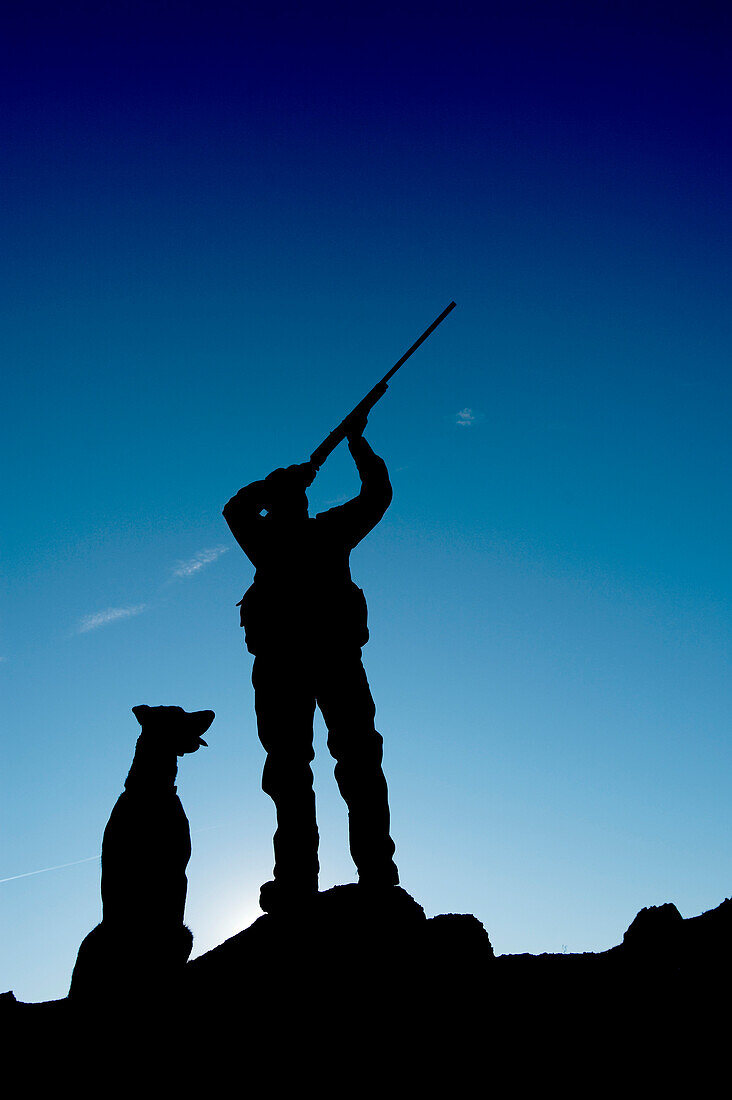 A silhouetted hunter aims his shotgun skyward as his dog sits by his side in Carson City, NV.