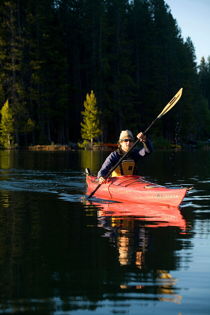 Kayaking on Jackson Lake. Grand Teton NP, WY