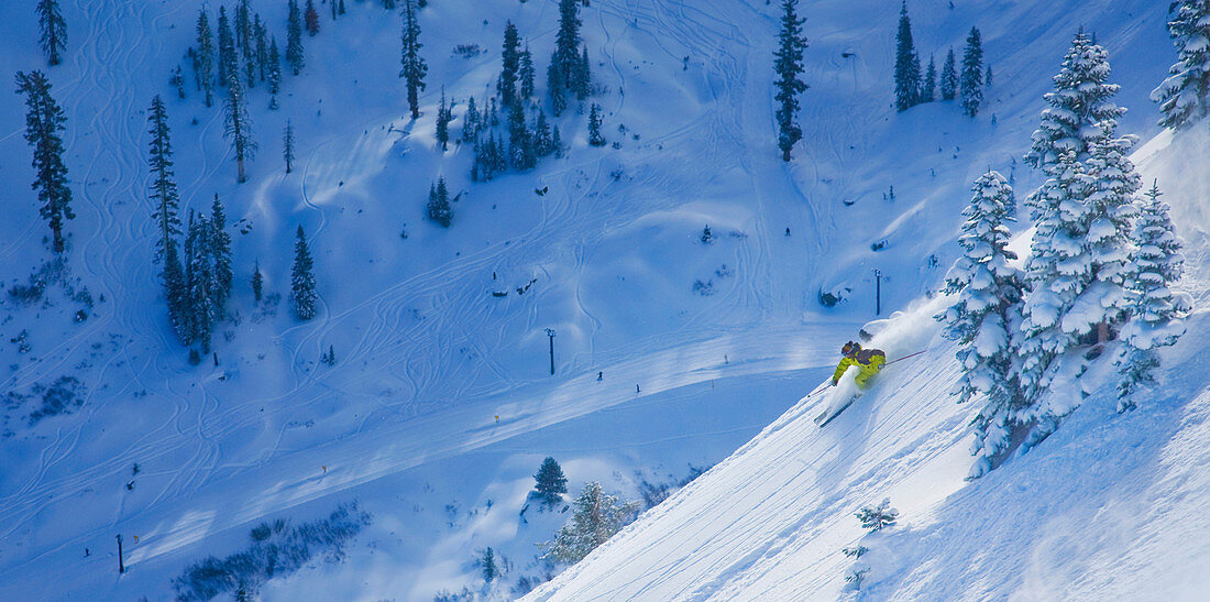Male skier enjoying the fresh powder snow. Photo by Thomas Kranzle.