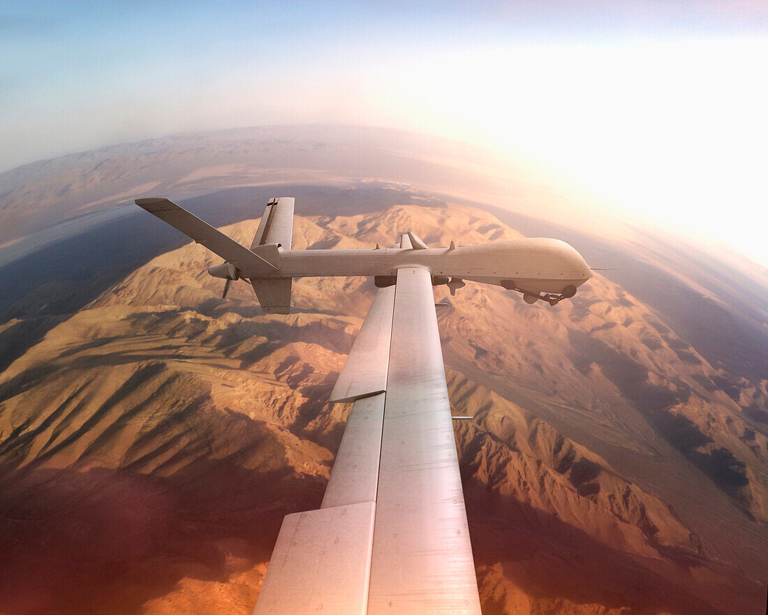 Aerial view of drone flying over desert landscape