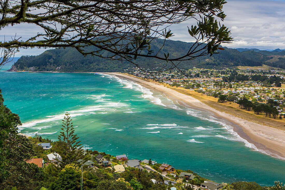 High angle view of beach and Whittianga cityscape, Coromandel, New Zealand