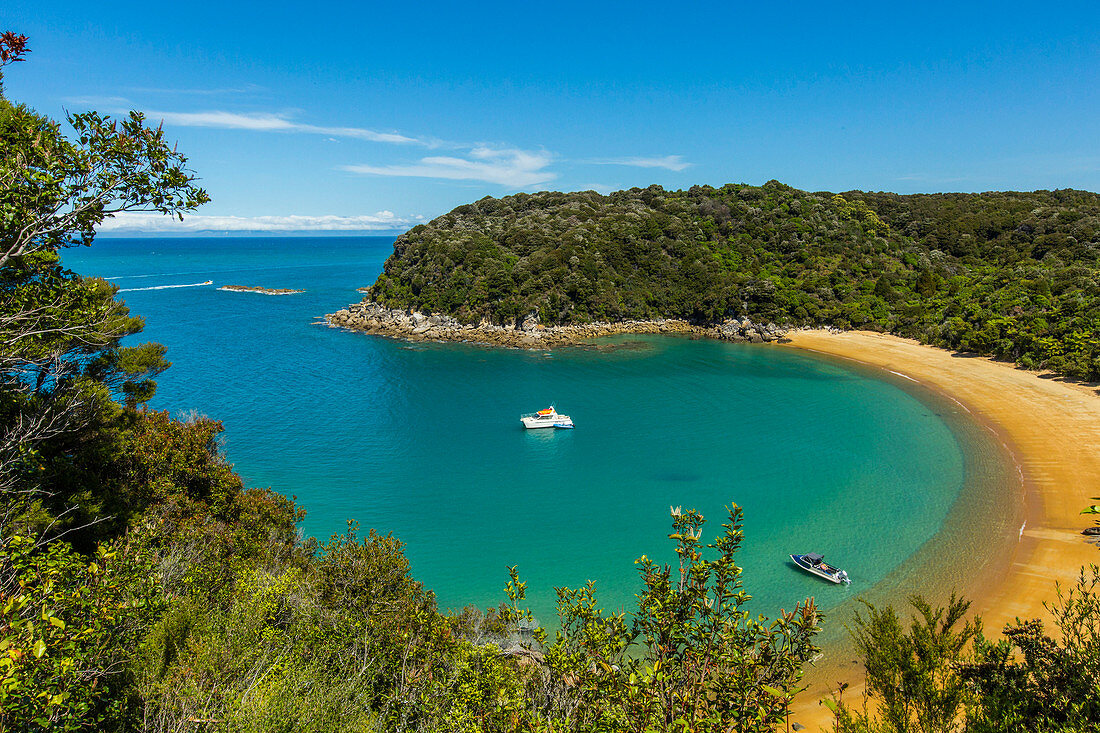 High angle view of boats in remote beach cove