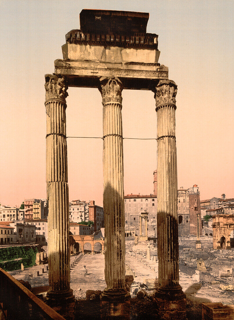 Ruins of Temple of Castor and Pollux, Rome, Italy, Photochrome Print, circa 1900