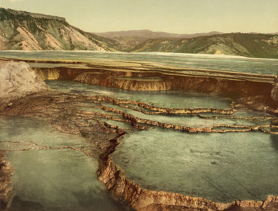 Summit Basin, Mammoth Hot Spring, Yellowstone National Park, Wyoming, USA, Photochrome Print, circa 1898